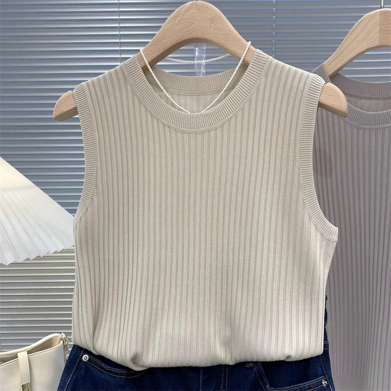 zjais Summer Spring Tanks Top Women Sleeveless Knitted T-Shirts Female Elastic Slim Casual Vests Crop Tops Camis Pullover Shirts