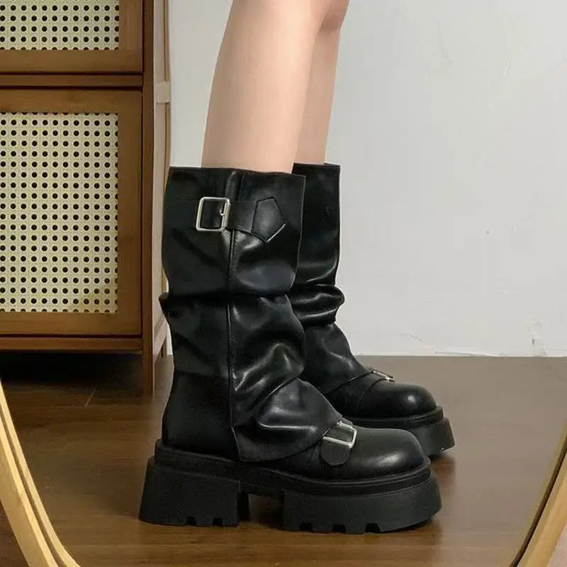Shoes for Women  Mid-Calf Women's Boots Platform Modern Boots Women Belt Buckle Square Toe Side Zip Square Heel Shoes Female