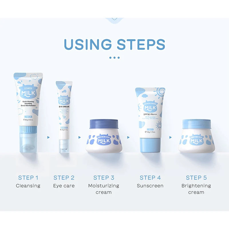 5PCS Milk Skincare Set with Cleanser SPF50 Sunscreen Cream Eye Cream Brightening & Moisturizing Cream Anti-Wrinkle Nourishing