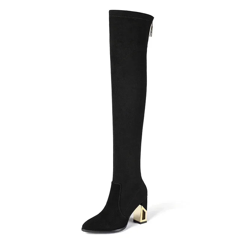 2025 Fashion Shoes for Women Zipper Women's Boots Winter Pointed Toe Suede Solid High Leg Over Knee Chunky Heels Socks Boots