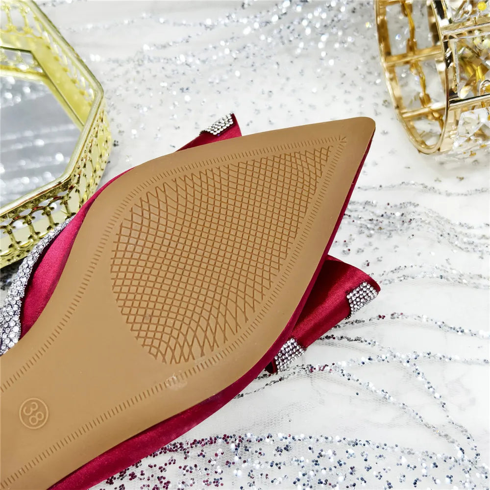 Med Heel Shoes for Women Hollowed Out Embroidery Rhinestone Italian Design Olive-green Color Pointed-Toe Shoes and Bags Set