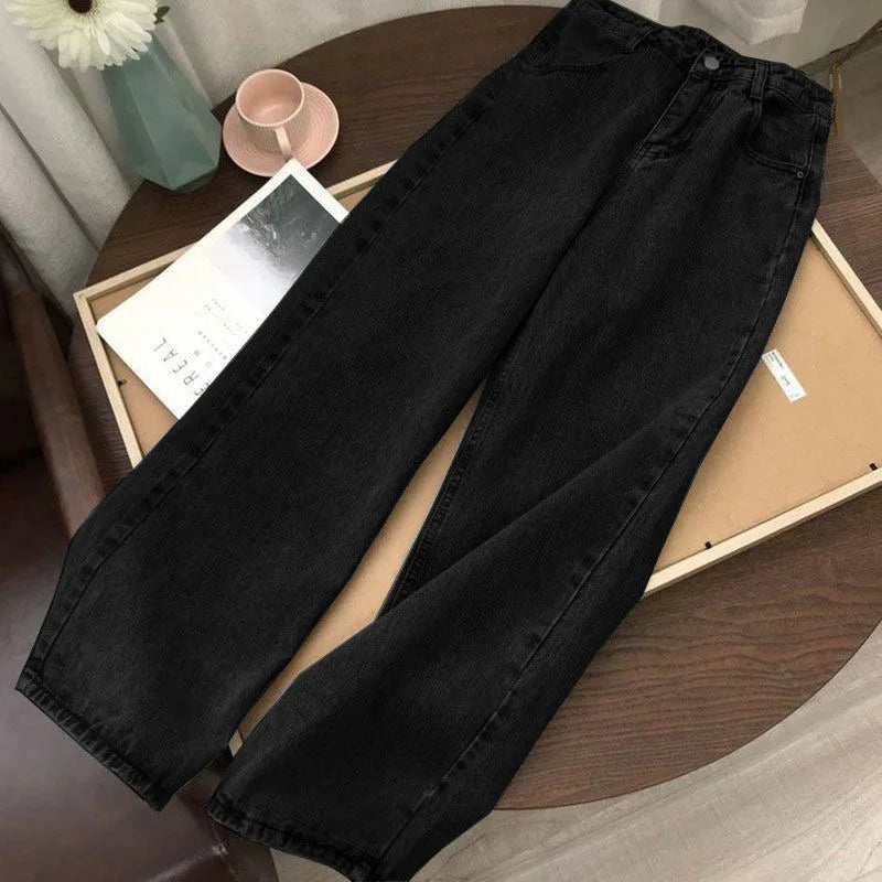 High Waist Women Jeans 2023 Spring Autumn Solid Loose Straight Denim Pants Female Retro Wide Leg Casual Trousers