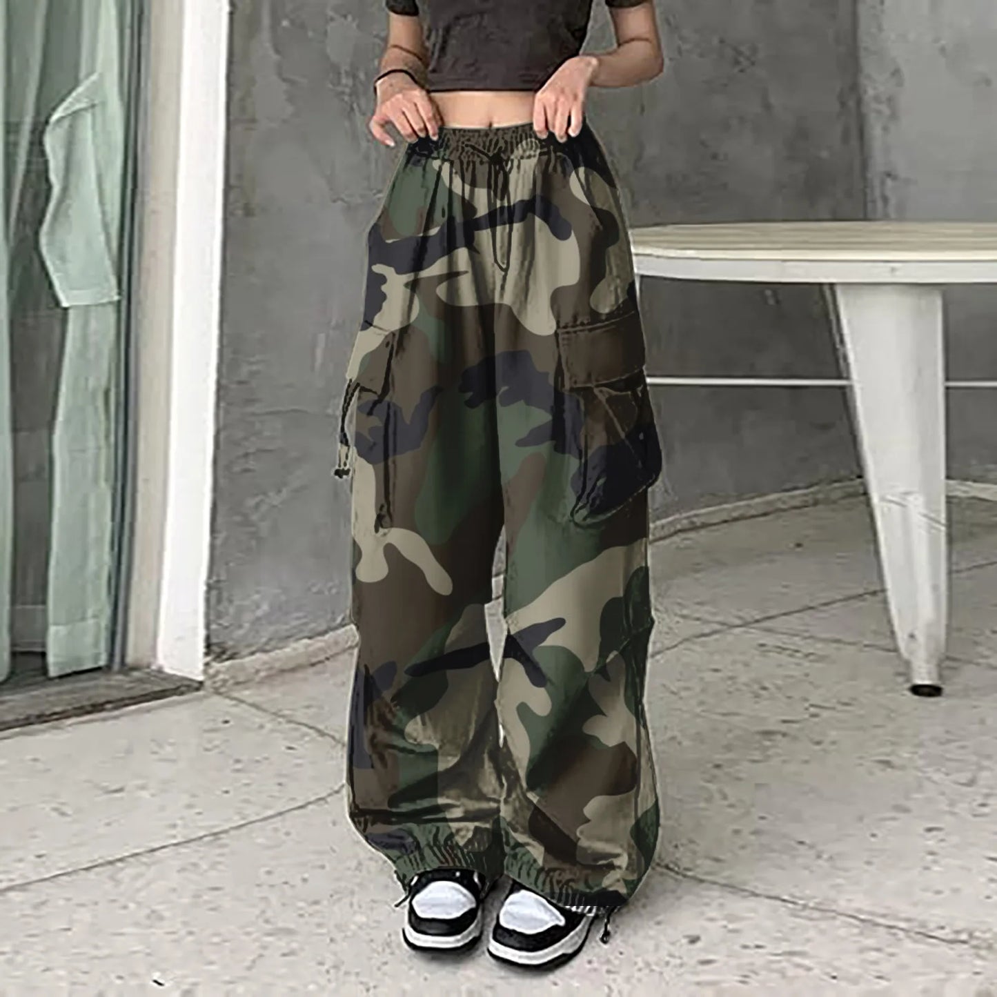 Women Camouflage Sweatpant Streetwear Harajuku Drawstring Elastic Waist Harem Pants Hip Hop Parachute Y2k Baggy Jogger Pants