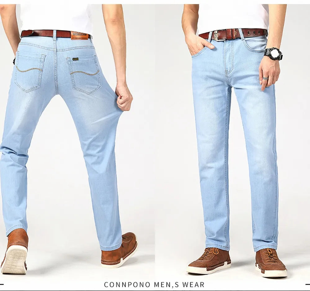 Wthinlee Spring Summer Business Jeans Men Light Blue Casual Straight Stretch Fashion Classic Work Denim Trousers Brand Clothing