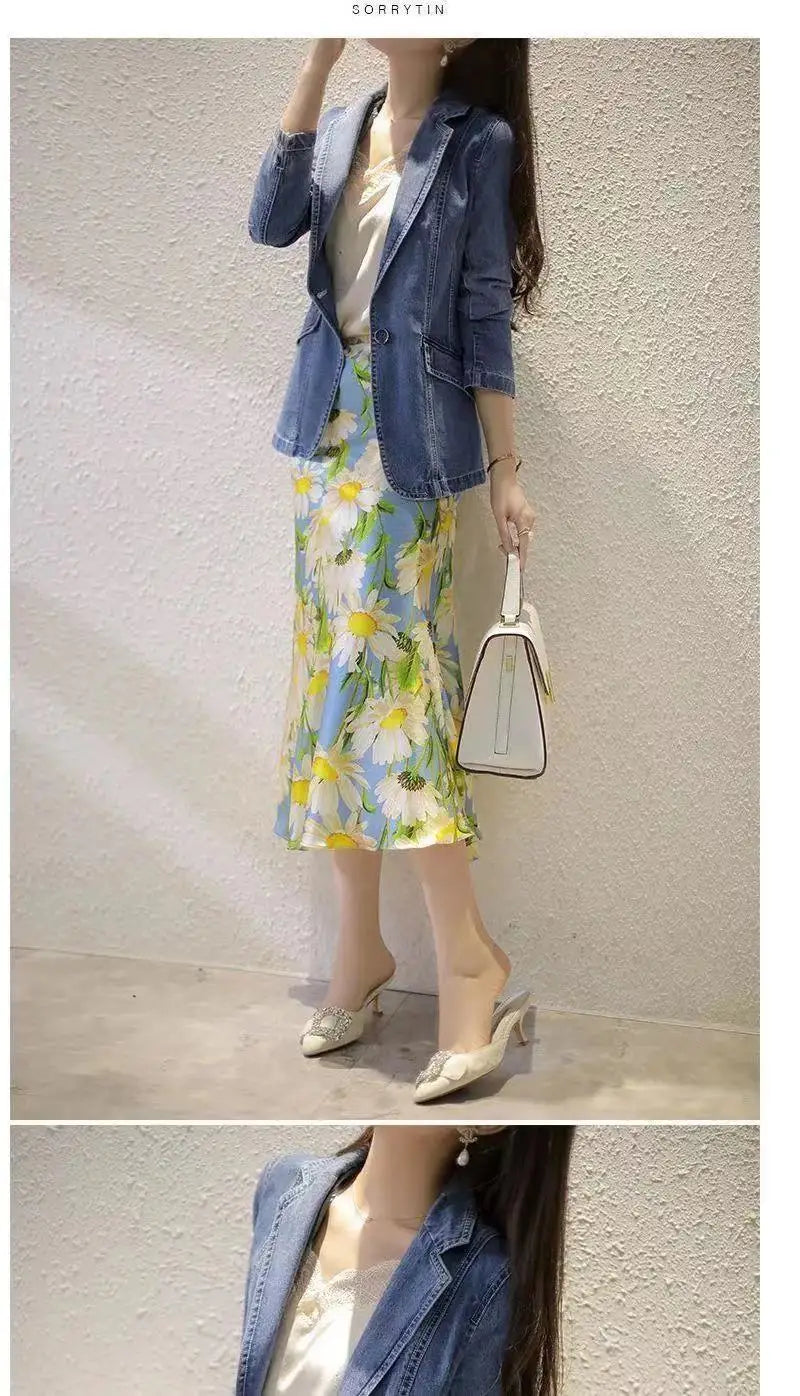 Women's Denim Suit Jacket, Korean Bomber Jackets, Casual Blazer, Female Outerwear, Cowboy Trench Coat, Fashion, Spring, Autumn,