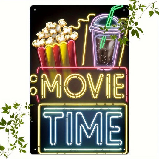 Vintage Neon Food Sign Metal Wall Art - 8x12" Aluminum Sign with Popcorn & Drinks, Ideal for Living Room, Cafe & Movie Decor