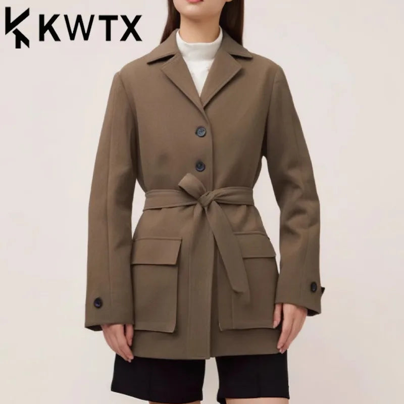 KWTX 2025 Spring Summer Brown Blazer Women's Vintage Slim Single Breasted Belted Jacket Pocket Elegant Office Casual Outfit