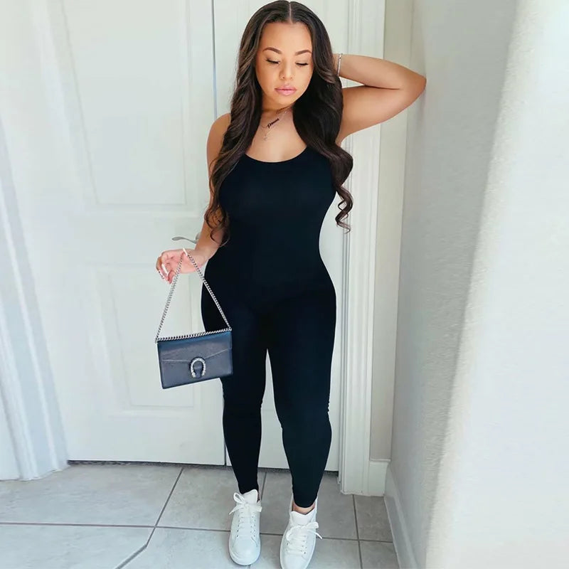 Black Sexy Jumpsuits Women Summer Sleeveless Rompers Spaghetti Strap Backless Casual Bodycon Skinny Sports Fashion Streetwear