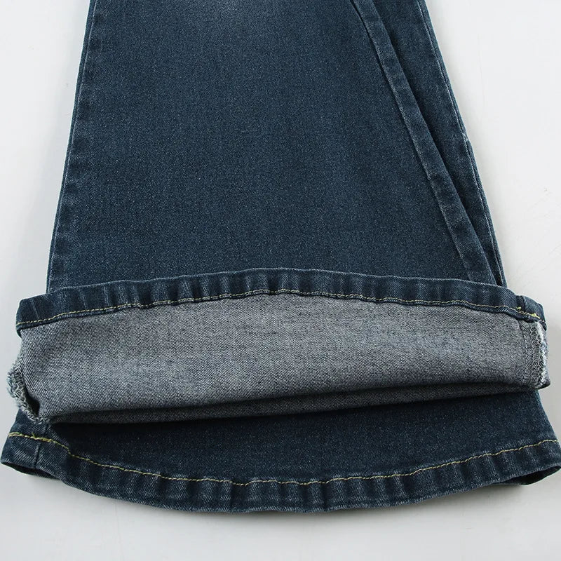 Flare Pants Jeans Women Embroidery Boot Cut Low Waist Washed Distressed Pockets Floor Length Streetwear 2025 Denim Trousers