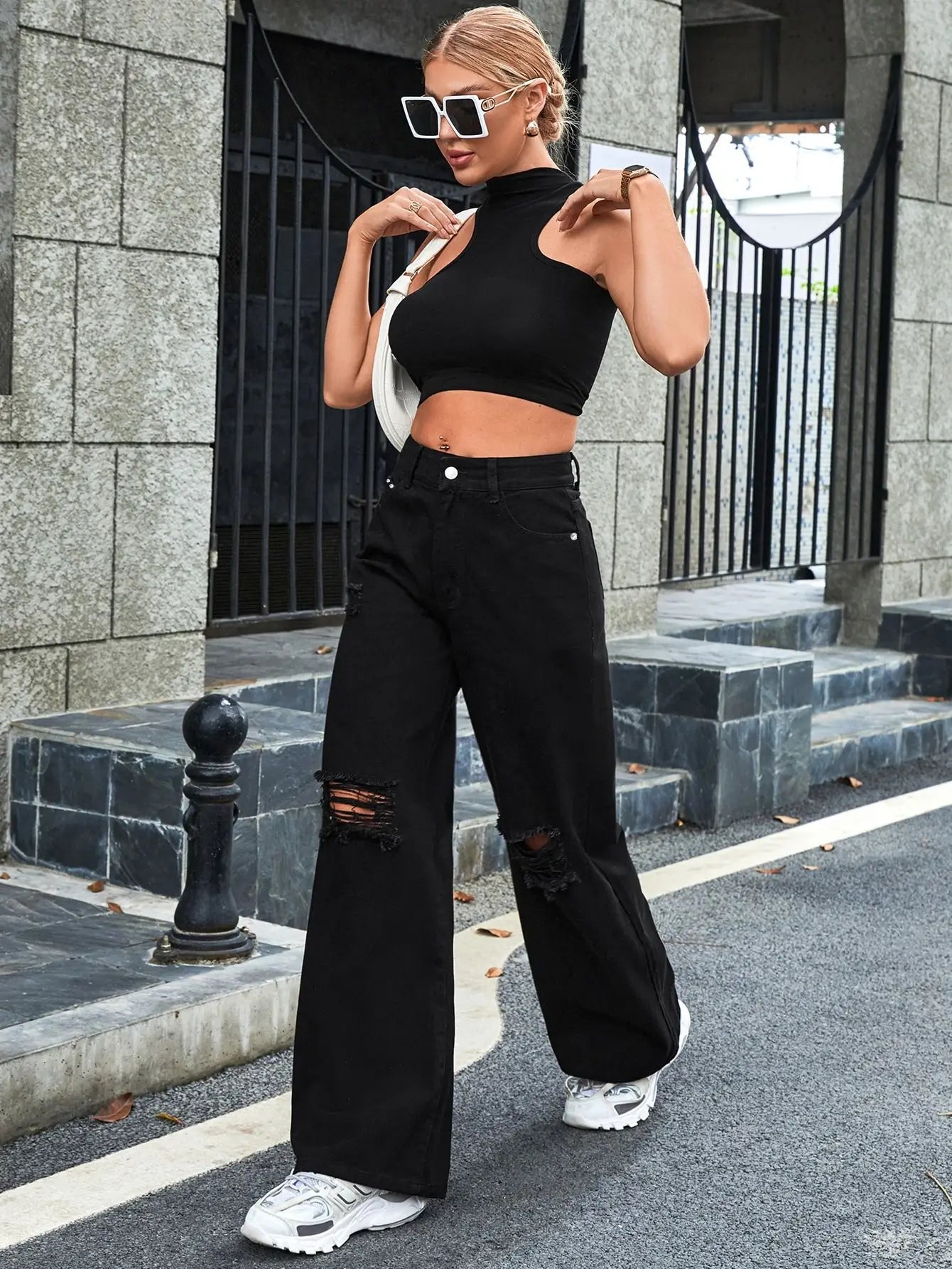 2025 Autumn New Women's Fashion Ripped High Waist Wide Leg Casual Jeans Boyfriend Jeans for Women