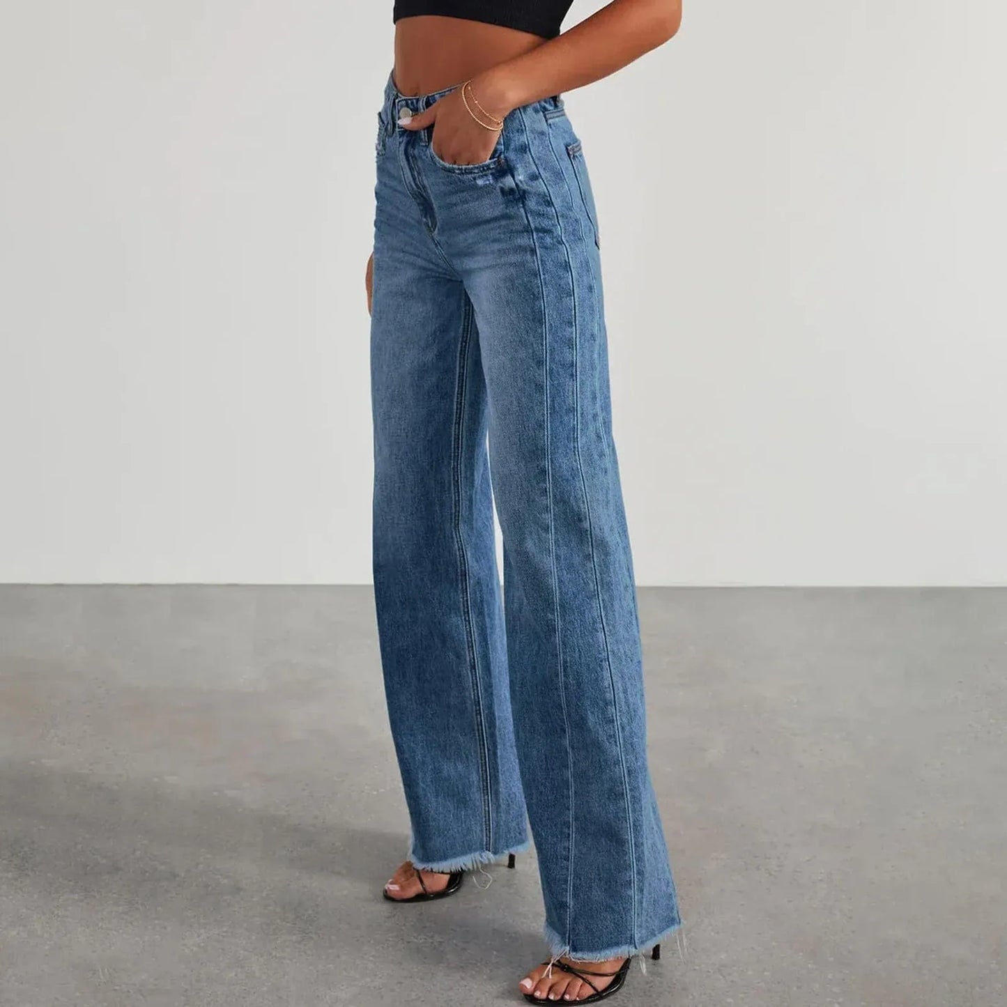 Wide-Leg Jeans Women Light Blue Raw-Edge High-Waist Design Fashionable Trousers Loose-Fitting Slim-Fitting Pants Daily Commuting