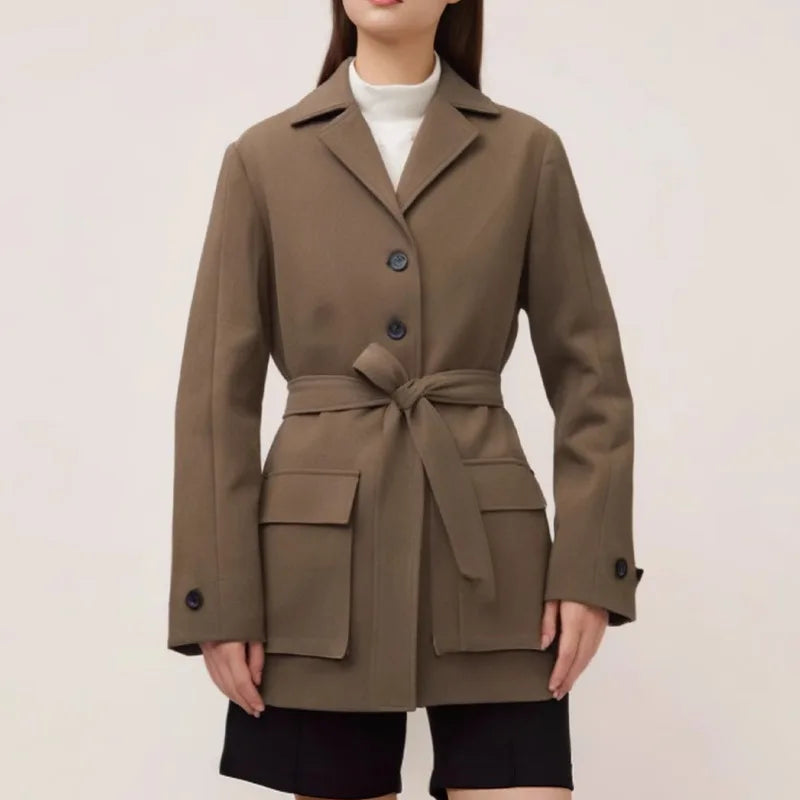 KWTX 2025 Spring Summer Brown Blazer Women's Vintage Slim Single Breasted Belted Jacket Pocket Elegant Office Casual Outfit