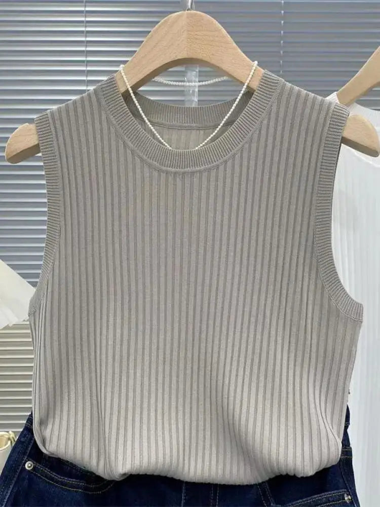 zjais Summer Spring Tanks Top Women Sleeveless Knitted T-Shirts Female Elastic Slim Casual Vests Crop Tops Camis Pullover Shirts