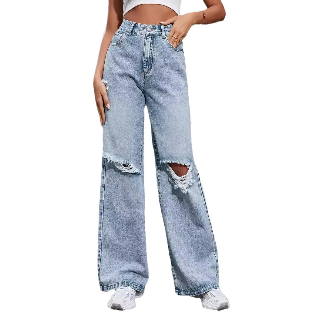 2025 Autumn New Women's Fashion Ripped High Waist Wide Leg Casual Jeans Boyfriend Jeans for Women