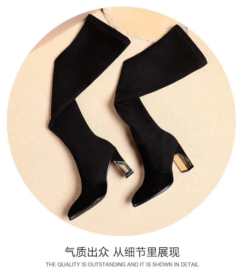 2025 Fashion Shoes for Women Zipper Women's Boots Winter Pointed Toe Suede Solid High Leg Over Knee Chunky Heels Socks Boots