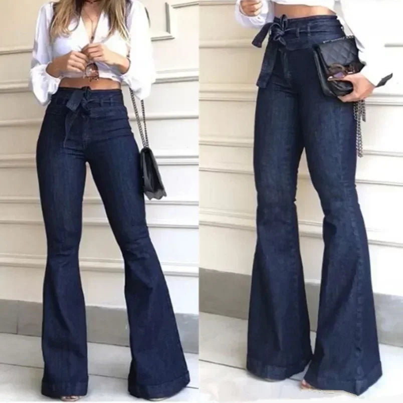 Women Jeans Denim Flare Pants Solid Color High Waist Zipper Fly Flat Pockets Streetwear Slim Patchwork Button Slight Strech Belt