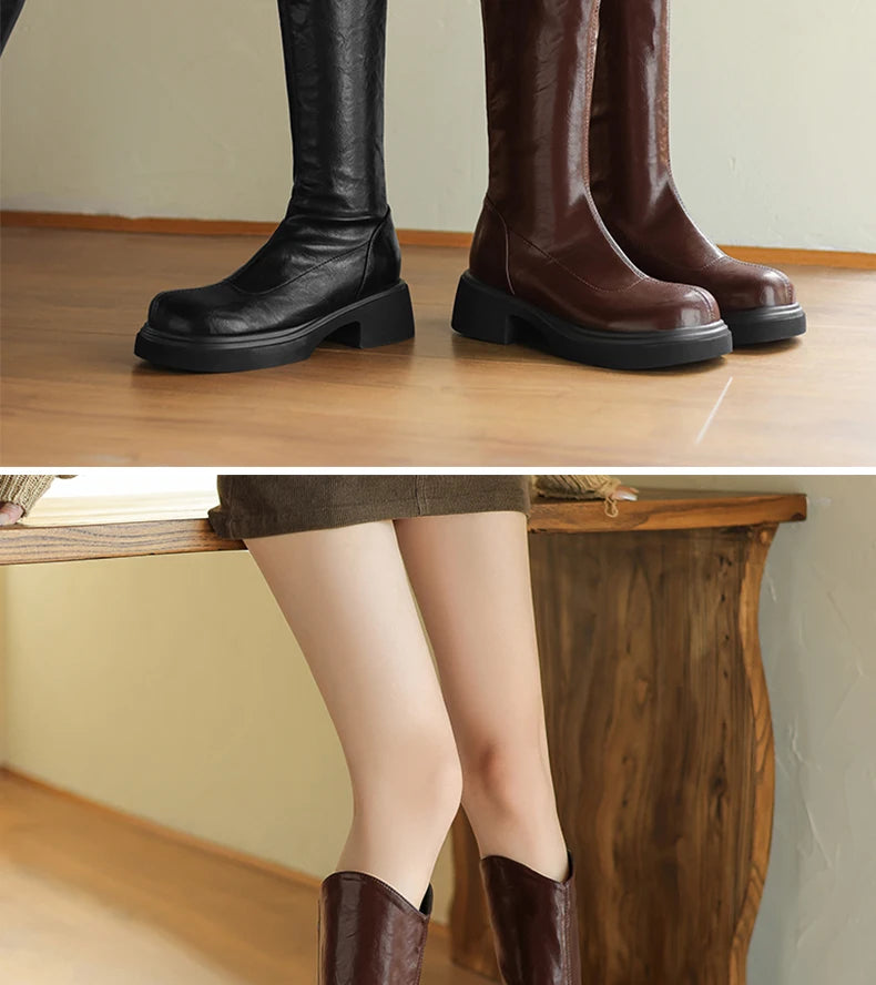 Ods  Footwear Elegant Heeled Shoes for Women Brown Ladies Boots Platform Winter Knee High Shaft Heels Long Boot Lady 40 41 42 43