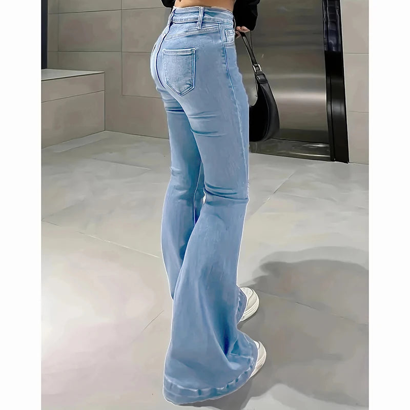 2025 Lady High Waist Stretchy Flared Jeans Women Ins Fashion Solid Bootcut Denim Pants Girls Chic Slim Fit Bell Bottoms Trousers