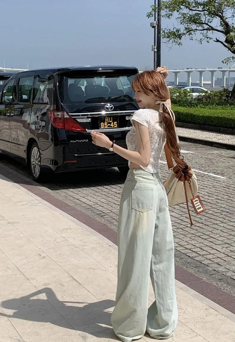 Long Jeans Women New Summer Vintage Bleached Design Loose Wide-leg Trousers Ulzzang Street Style Basic College Harajuku Popular