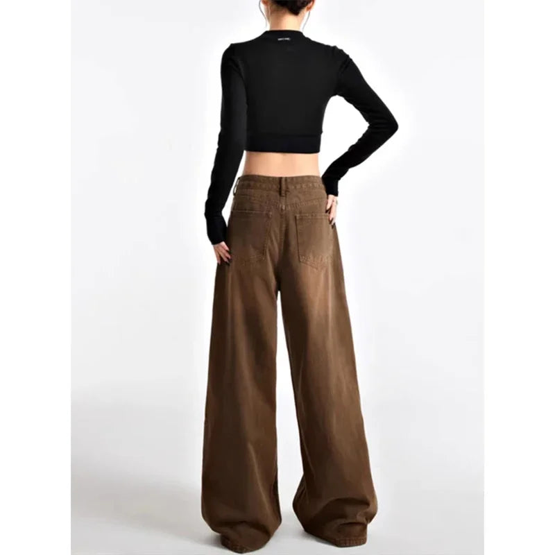 Women Brown Jeans 90s Aesthetic Y2k Vintage Baggy Denim Trouser Fashion Harajuku High Waist Wide Cowboy Pants 2000s Clothes 2023