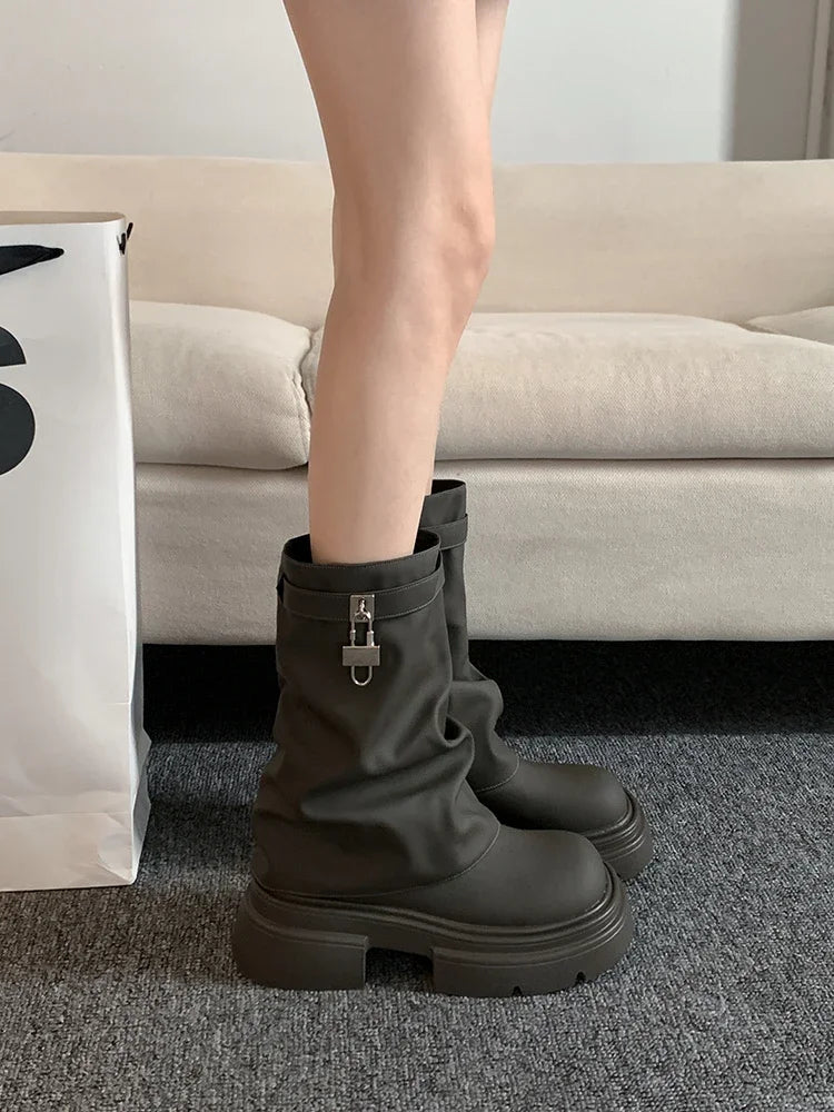 Heel Boots Shoes  Round Toe Luxury Designer Boots-Women Elegant Lolita Autumn Rock Ladies Fashion Ankle 2024 Solid Slip