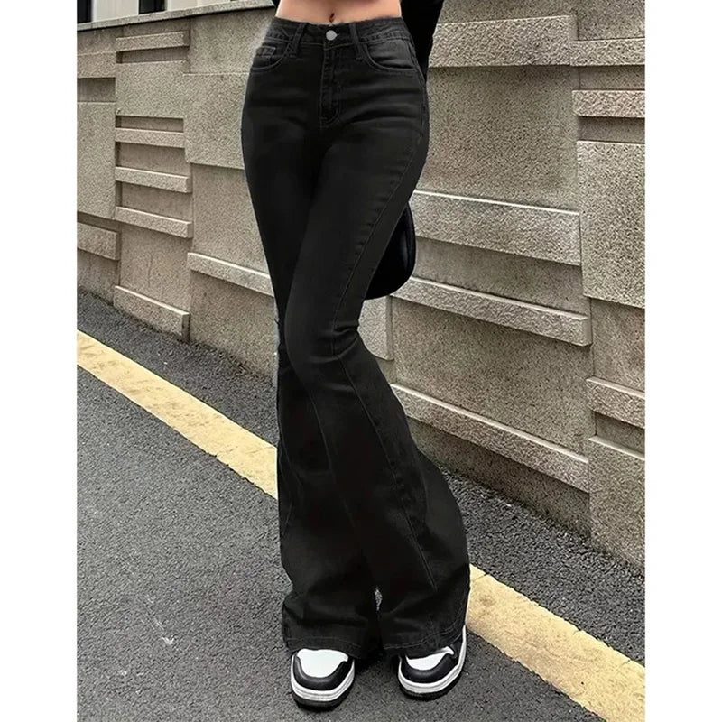 2025 Lady High Waist Stretchy Flared Jeans Women Ins Fashion Solid Bootcut Denim Pants Girls Chic Slim Fit Bell Bottoms Trousers