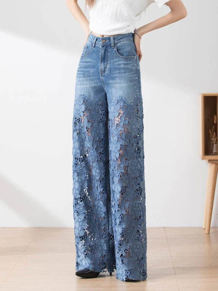 TWOTWINSTYLE Hollow Out Spliced Diamonds Loose Denim Pant For Women High Waist Patchwork Lace Casual Jeans Female Fashion Style
