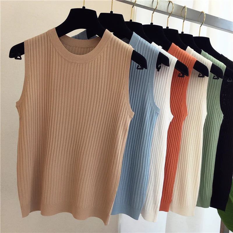 zjais Summer Spring Tanks Top Women Sleeveless Knitted T-Shirts Female Elastic Slim Casual Vests Crop Tops Camis Pullover Shirts