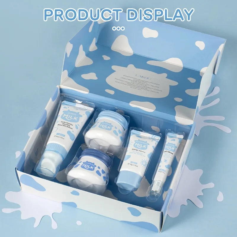 5PCS Milk Skincare Set with Cleanser SPF50 Sunscreen Cream Eye Cream Brightening & Moisturizing Cream Anti-Wrinkle Nourishing