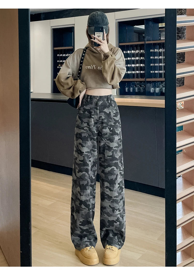 women's Denim Pants Old Washed Jeans Straight Casual Loose Wide Leg Trousers work pants New Fashion Female Clothing high waisted