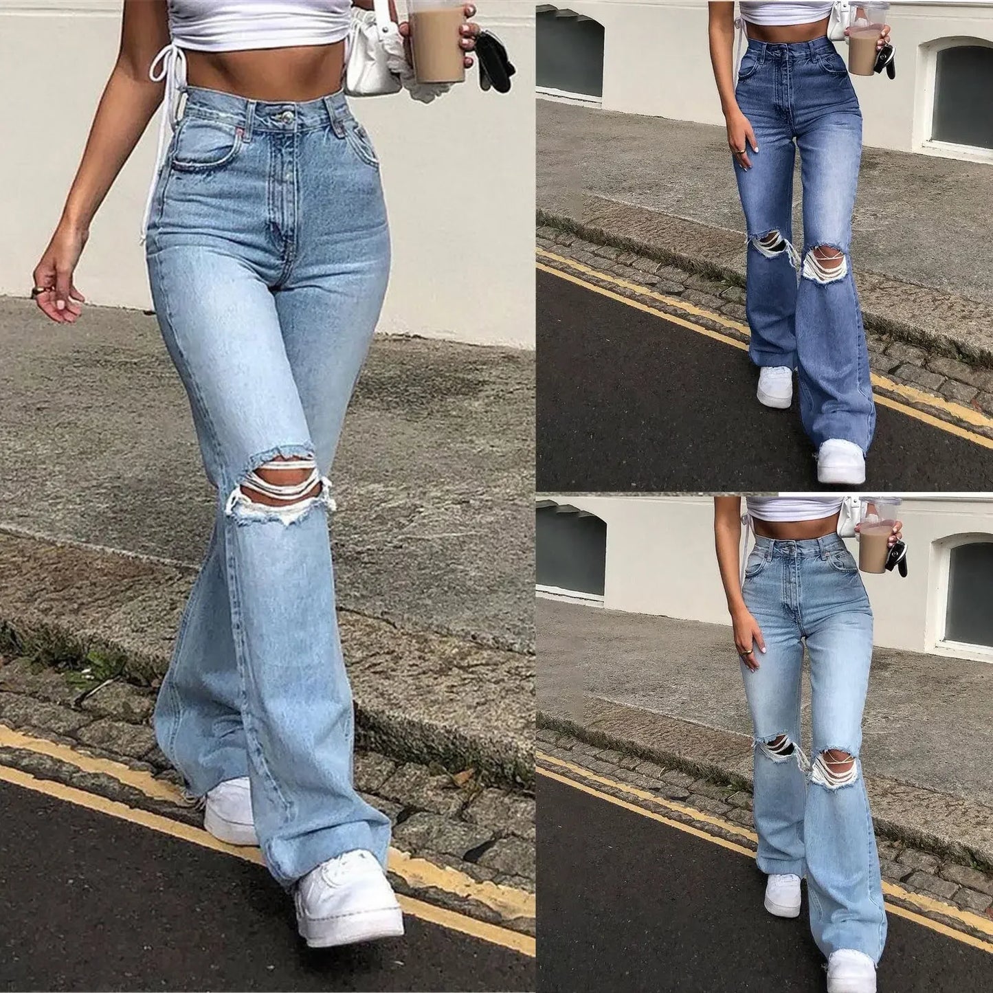 High-waisted Retro Stretch Women Pants Winter Edition New Style Ripped Bell Bottoms High Waist Straight Cylinder Wide Leg Jeans