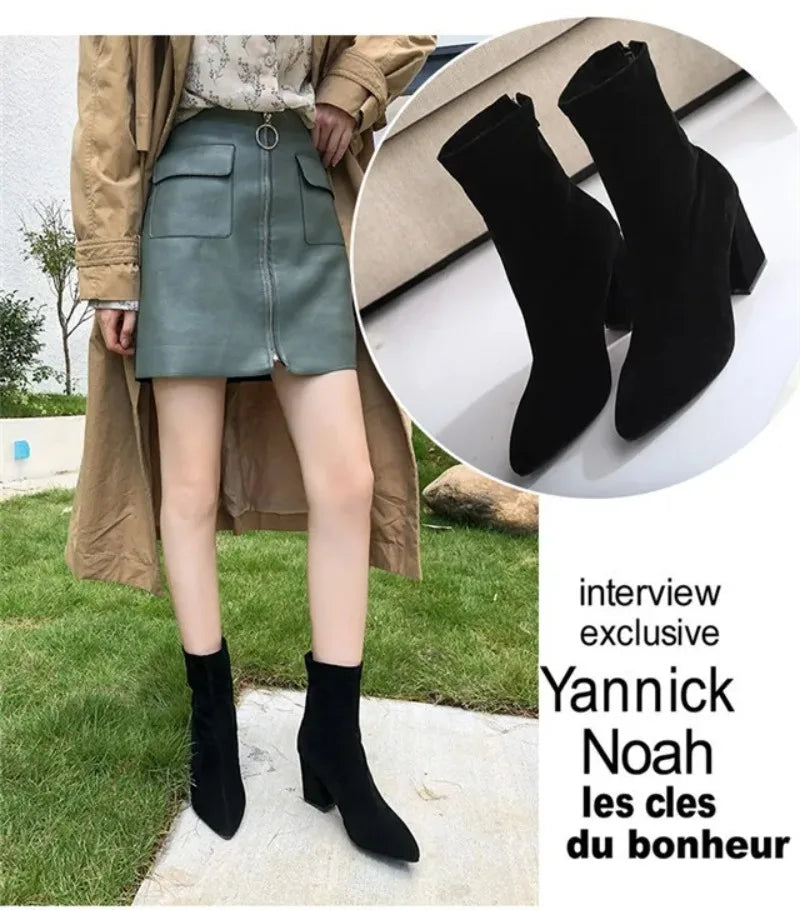 Black Suede Women Shoes Thick Heel Ankle Boots for Women Nice Elegant High Heel Pointed Toe Keep Fashion Boots Botas Para Mujer