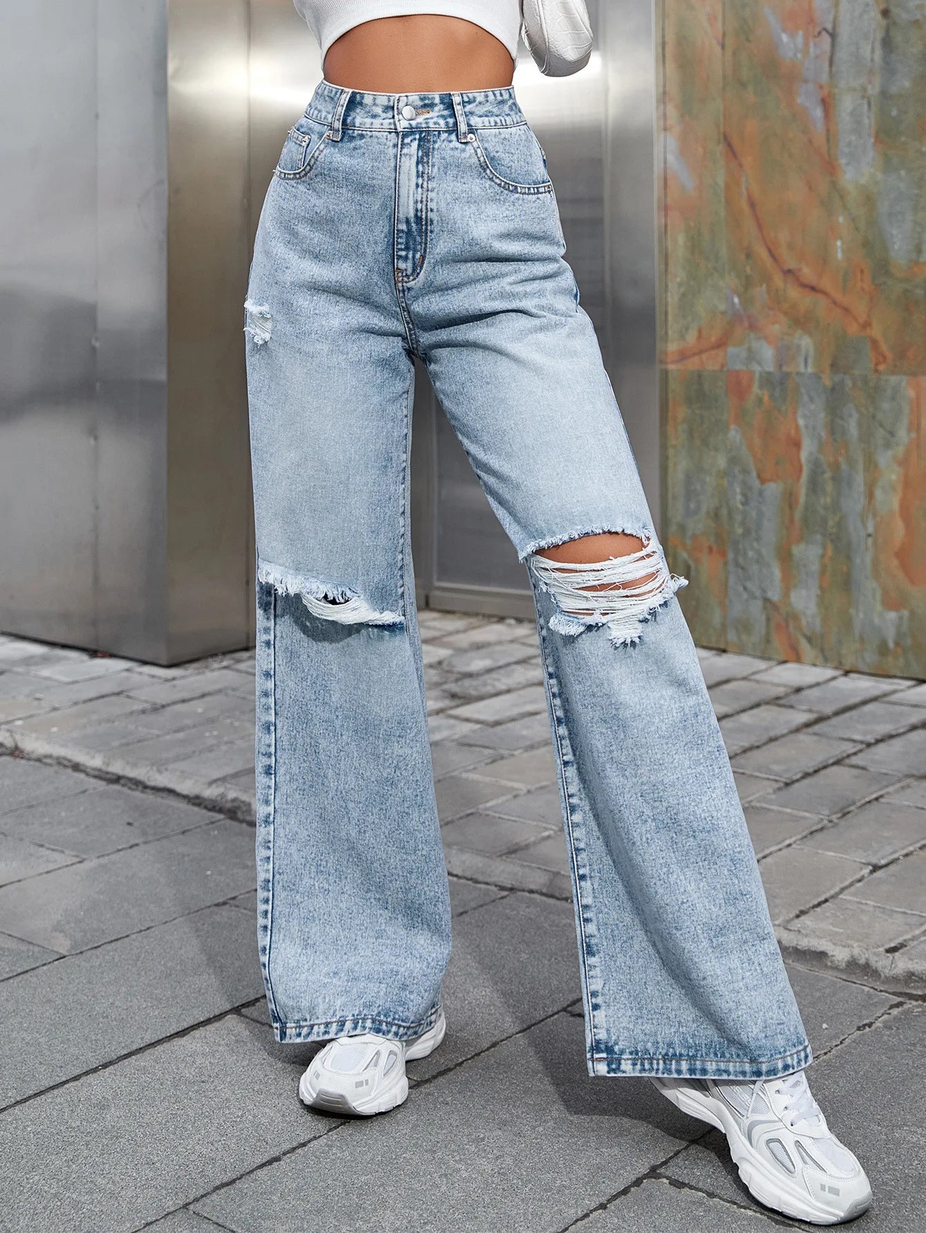 2025 Autumn New Women's Fashion Ripped High Waist Wide Leg Casual Jeans Boyfriend Jeans for Women