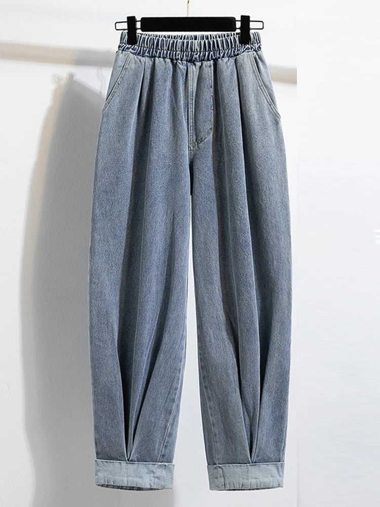Plus Size Jeans For Women 2025 Autumn New Arrival High Elastic Waist Harem Denim Pants Korean Style Fashion Blue Jeans Woman