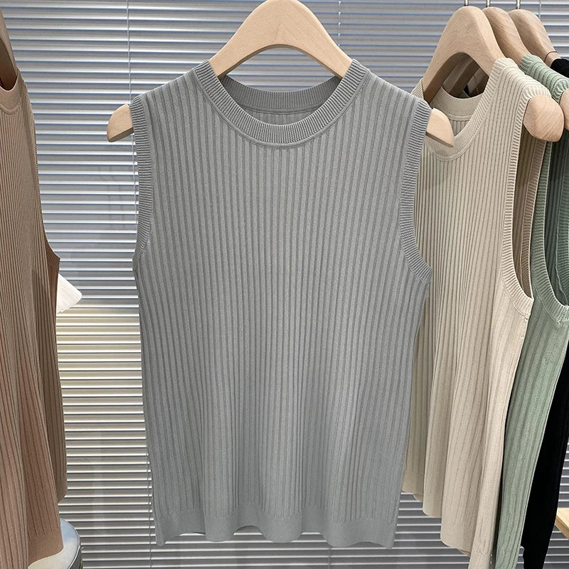 zjais Summer Spring Tanks Top Women Sleeveless Knitted T-Shirts Female Elastic Slim Casual Vests Crop Tops Camis Pullover Shirts