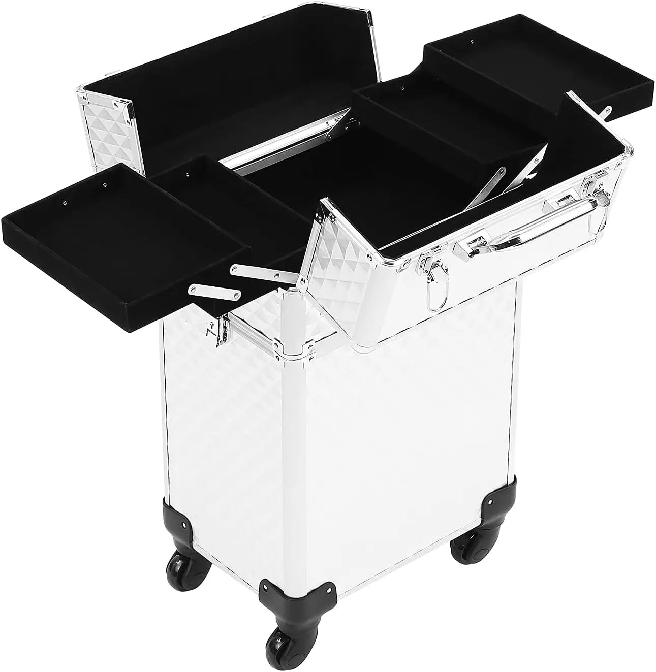 nncase 4 In 1 Portable Traveling Aluminum Professional Makeup Trolley Cart With Multiple-Sized Compartments And Wheels,