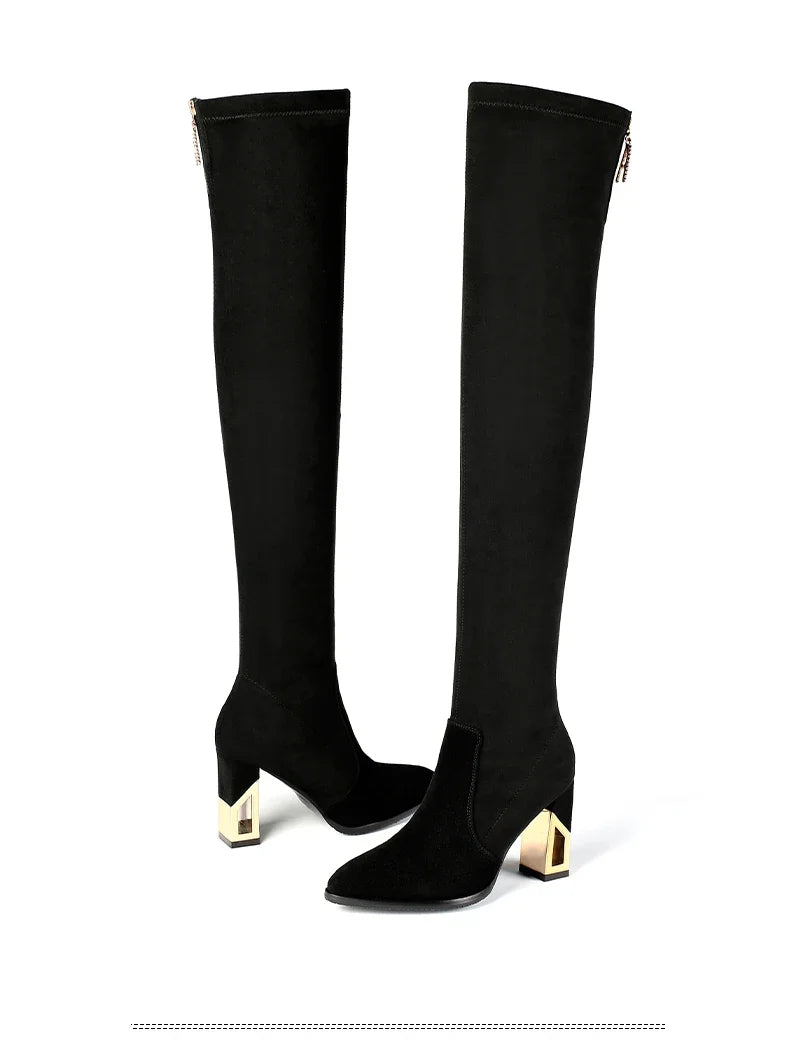 2025 Fashion Shoes for Women Zipper Women's Boots Winter Pointed Toe Suede Solid High Leg Over Knee Chunky Heels Socks Boots