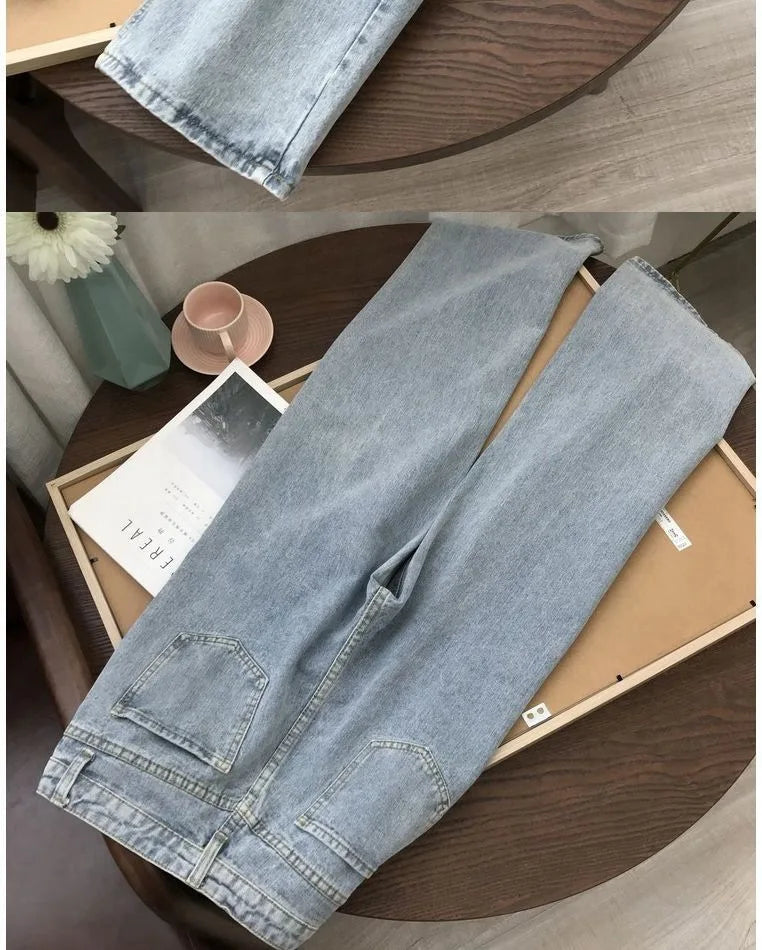 High Waist Women Jeans 2023 Spring Autumn Solid Loose Straight Denim Pants Female Retro Wide Leg Casual Trousers