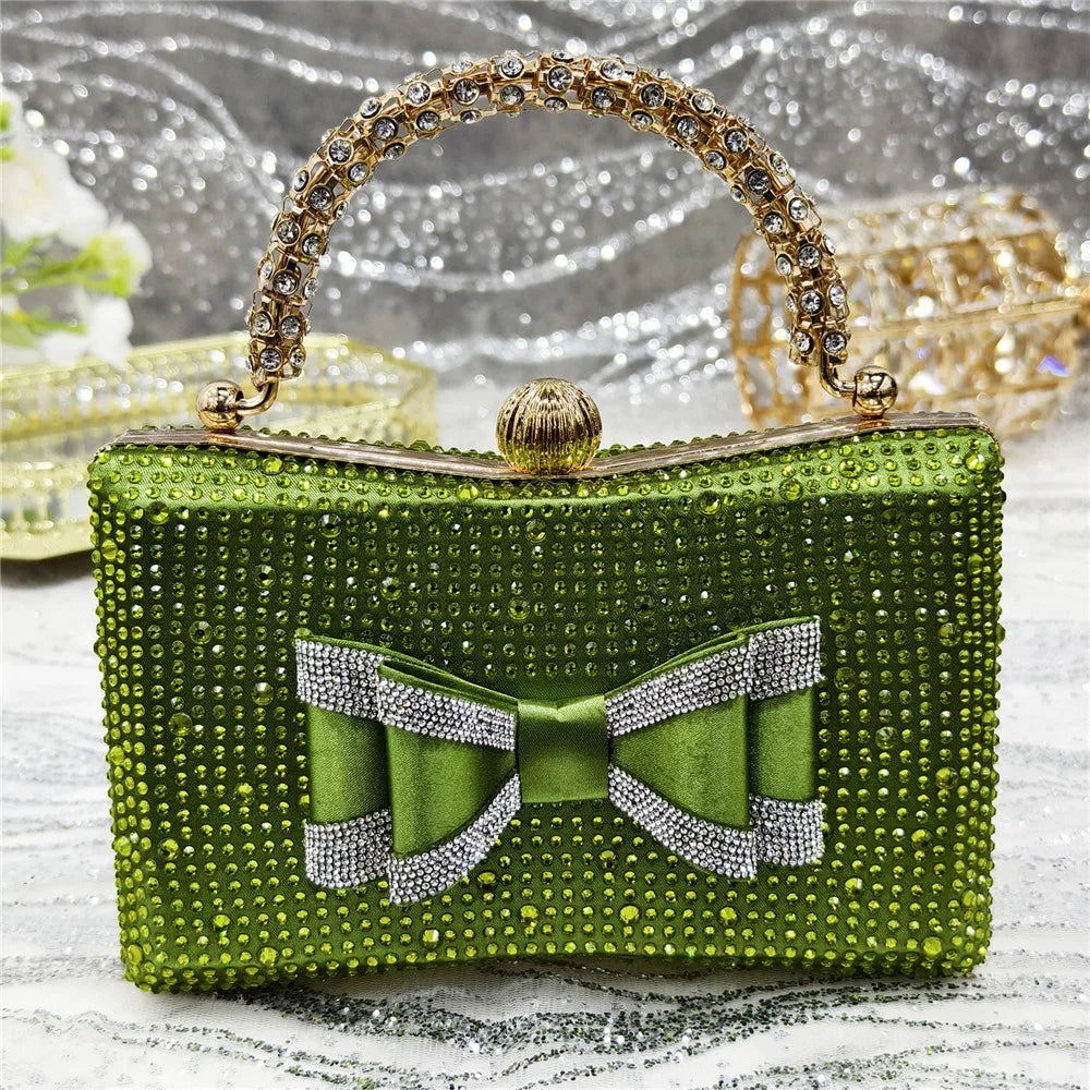 Med Heel Shoes for Women Hollowed Out Embroidery Rhinestone Italian Design Olive-green Color Pointed-Toe Shoes and Bags Set