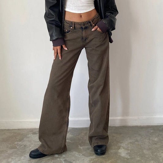 Women's versatile jeans, aesthetic solid color low rise zipper button trousers with pockets for everyday street wear