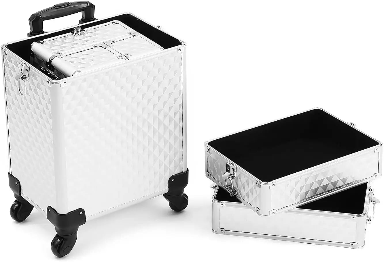 nncase 4 In 1 Portable Traveling Aluminum Professional Makeup Trolley Cart With Multiple-Sized Compartments And Wheels,