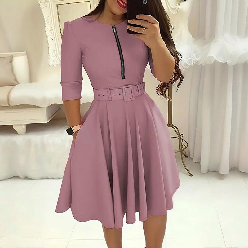 Women's Round Neck Zip Front Midi Dress With Belt - A-Line Shift Dress With Pockets & Draped Detail For Spring&Summer
