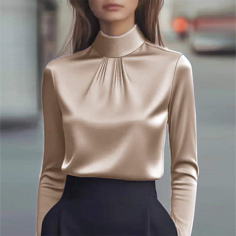 Women's Solid Color Long Sleeve Turtleneck Shirt, Pleated Detail Blouse For Office Wear And Formal Occasions