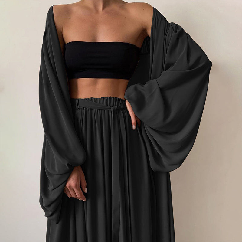 Women's Solid 3-Piece Set Lantern Sleeve Long Cardigan & Short Tube Top & Wide Leg Trousers With Drawstring Spring Summer Fashion Flowy Outfit
